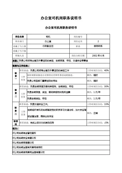 办公室司机岗职务说明书