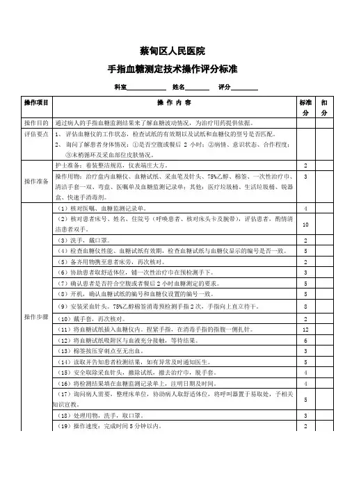 手指血糖测定技术操作评分标准