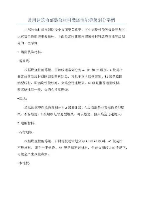 常用建筑内部装修材料燃烧性能等级划分举例