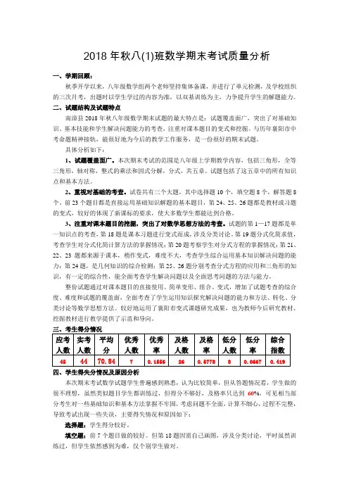 2018年秋班数学期末考试质量分析