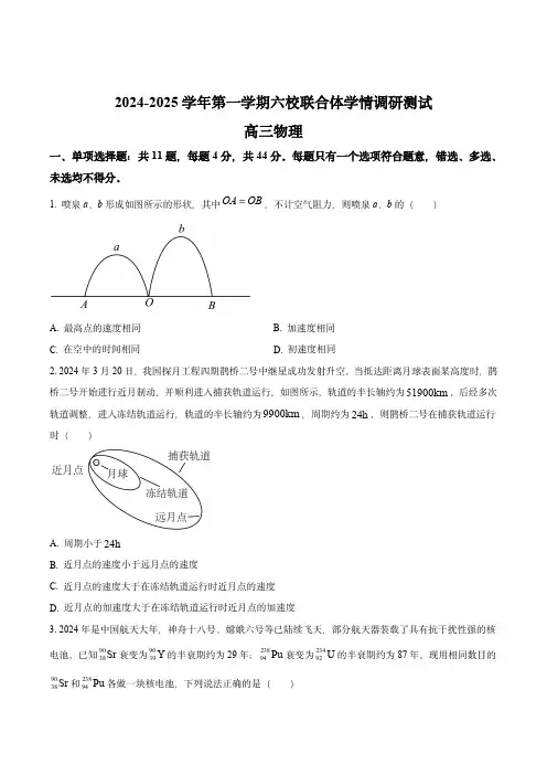 六校联合体2024-2025学年高三上学期学情调研测试物理试卷