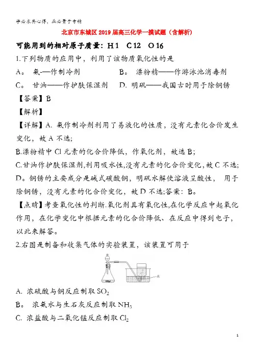 北京市东城区2019届高三化学一摸试题(含解析)