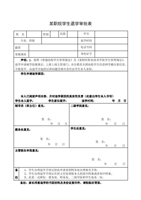 高职院校大学生退学审批表