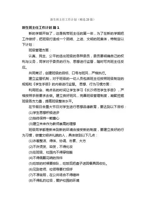 新生班主任工作计划（精选20篇）