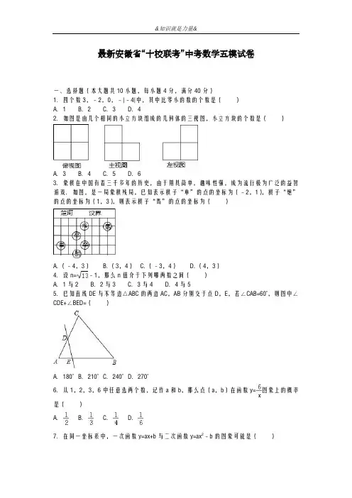 2020-2021学年安徽省十校联考中考数学第五次模拟试题及答案解析