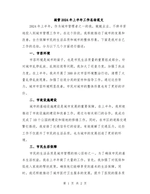 城管2024年上半年工作总结范文