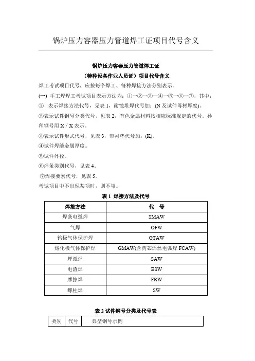 锅炉压力容器压力管道焊工证项目代号含义