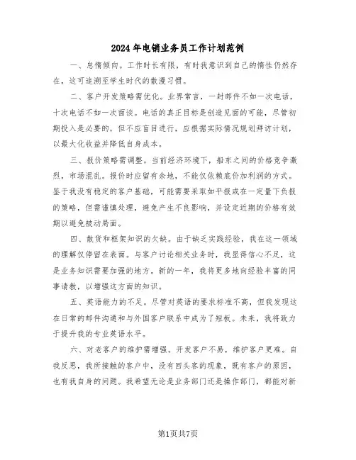 2024年电销业务员工作计划范例（四篇）