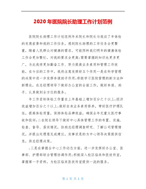 2020年医院院长助理工作计划范例