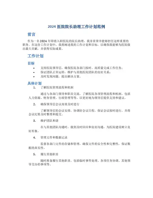 2024医院院长助理工作计划范例