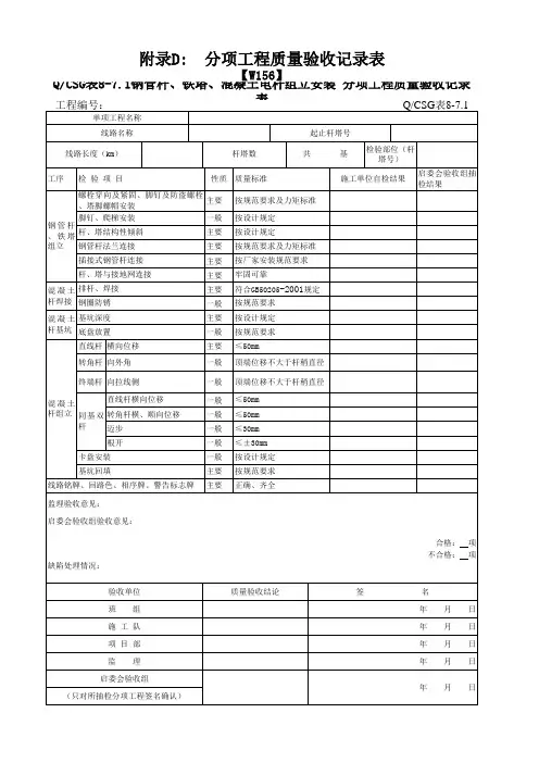 钢管杆、铁塔、混凝土电杆组立安装 分项工程质量验收记录