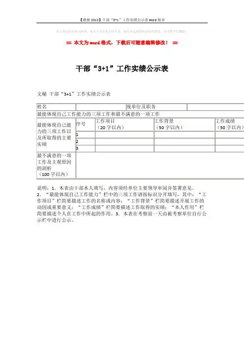 【最新2018】干部“3+1”工作实绩公示表word版本 (1页)