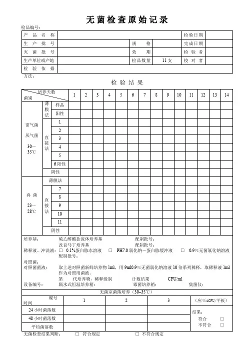 医疗器械产品无菌检验原始记录