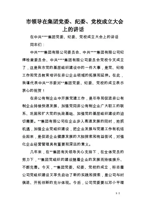 市领导在集团党委、纪委、党校成立大会上的讲话