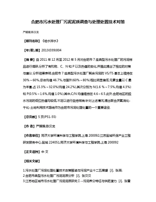 合肥市污水处理厂污泥泥质调查与处理处置技术对策
