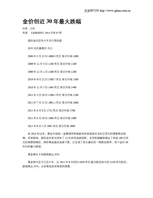 金价创近30年最大跌幅