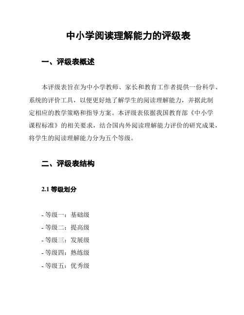 中小学阅读理解能力的评级表