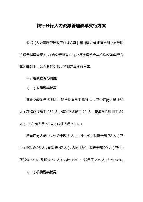 银行分行人力资源管理改革实施方案