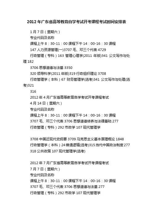 2012年广东省高等教育自学考试开考课程考试时间安排表