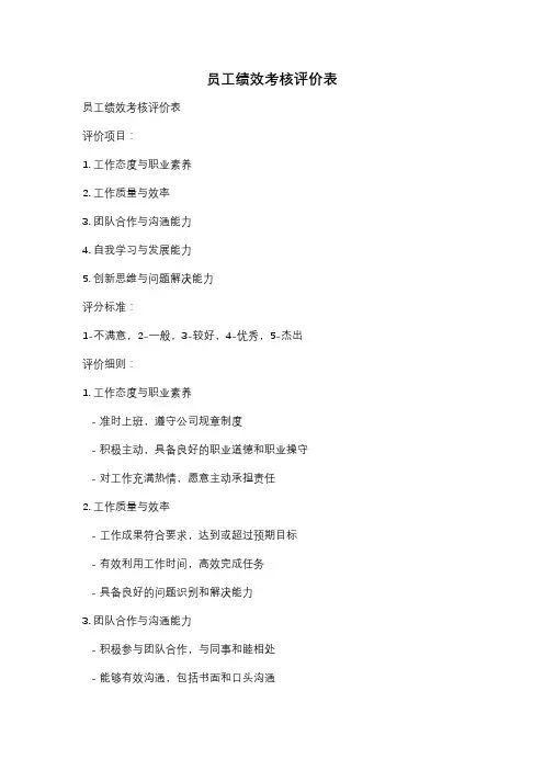 员工绩效考核评价表