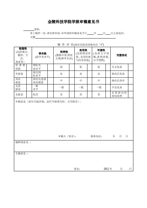 XX学院学报审稿意见书【模板】