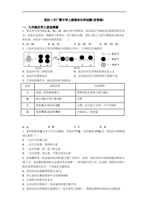武汉二中广雅中学初三化学上册期末化学试题(含答案)