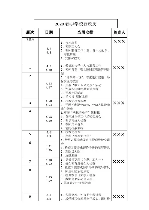 2020年学校春季行政历表格版