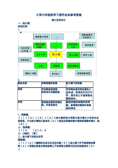 新教科版六年级下册科学学生活动手册参考答案