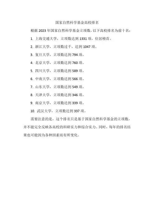 国家自然科学基金高校排名