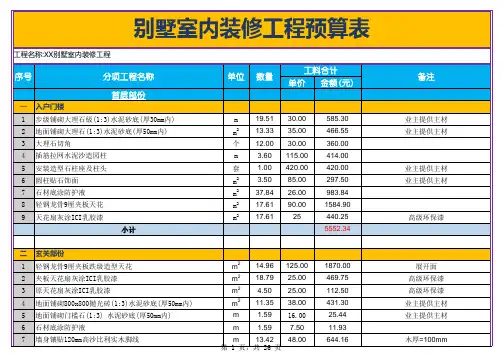Excel表格通用模板：个人别墅室内装修工程预算报价表