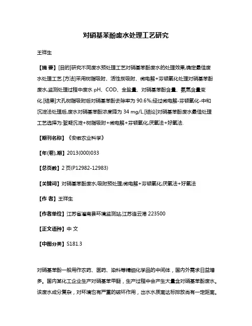 对硝基苯酚废水处理工艺研究