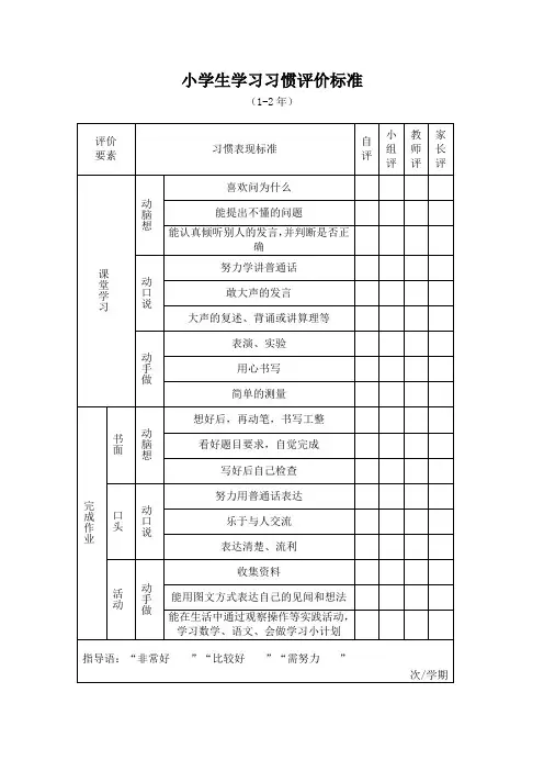 小学生学习习惯评价标准