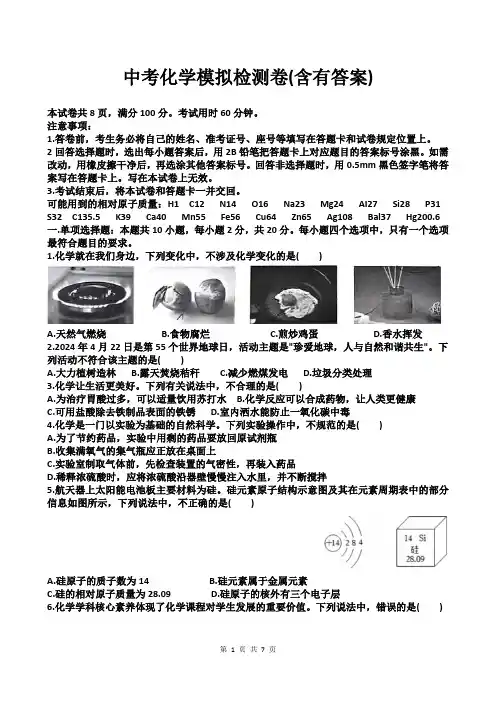 中考化学模拟检测卷(含有答案)