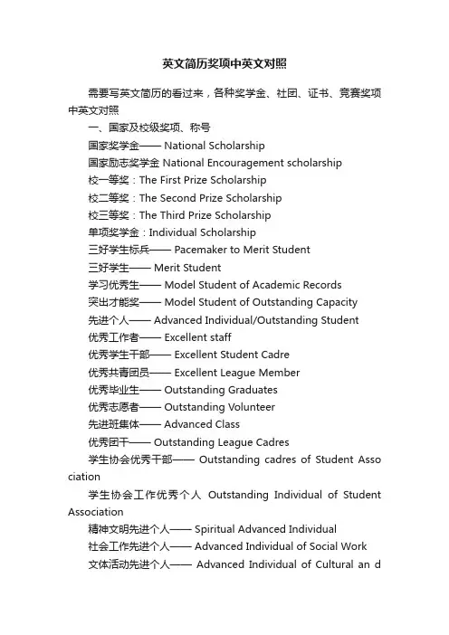 英文简历奖项中英文对照