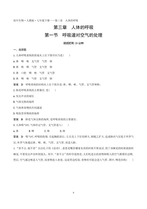 2022人教版初中七年级生物下册练习题--第四单元第三章第一节呼吸道对空气的处理