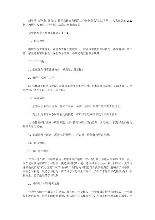 2020初中教师个人德育工作计划范文六篇