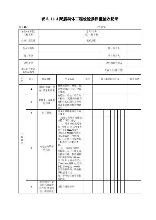 配筋砌体工程检验批质量验收记录
