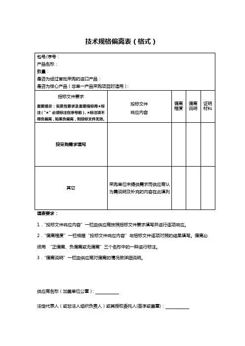 技术规格偏离表(格式)