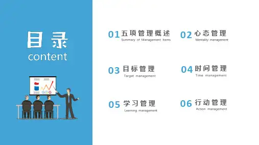 蓝色简约商务扁平卡通人力绩效管理高绩效5项管理培训讲座课件PPT模板