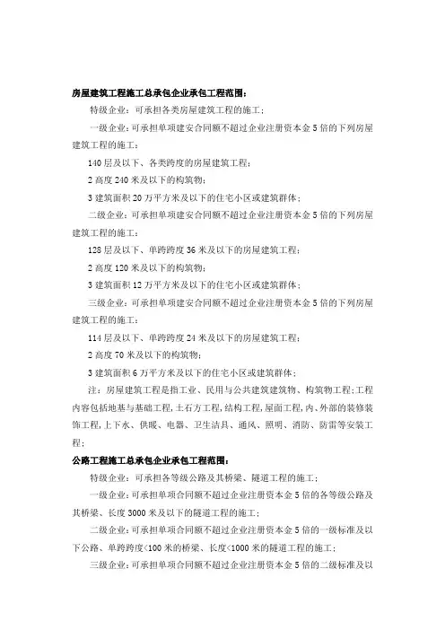 部分常用施工资质等级承包范围标准
