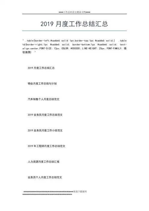 2019年最新月度工作总结格式工作总结文档【五篇】