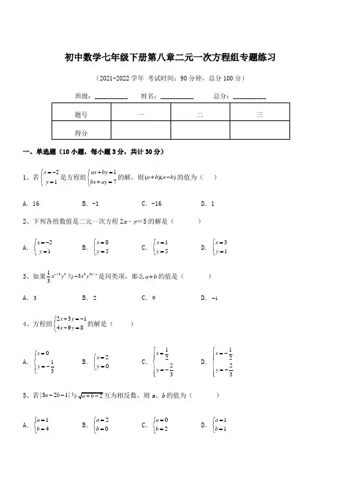 2021-2022学年人教版初中数学七年级下册第八章二元一次方程组专题练习试题(含答案解析)