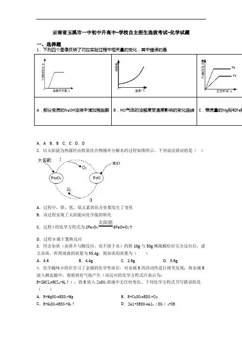 云南省玉溪市一中初中升高中-学校自主招生选拔考试-化学试题