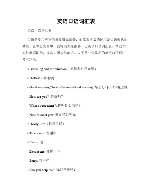  英语口语词汇表