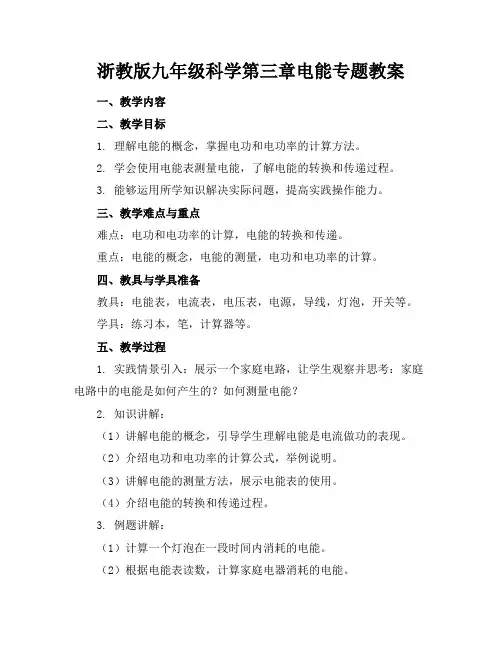 浙教版九年级科学第三章电能专题教案