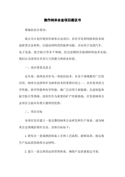 焦作纳米合金项目建议书