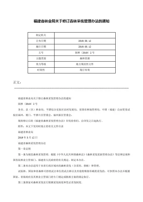 福建省林业局关于修订森林采伐管理办法的通知-闽林〔2019〕2号