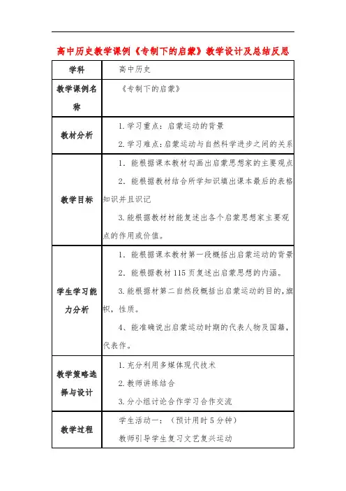 高中历史教学课例《专制下的启蒙》课程思政核心素养教学设计及总结反思