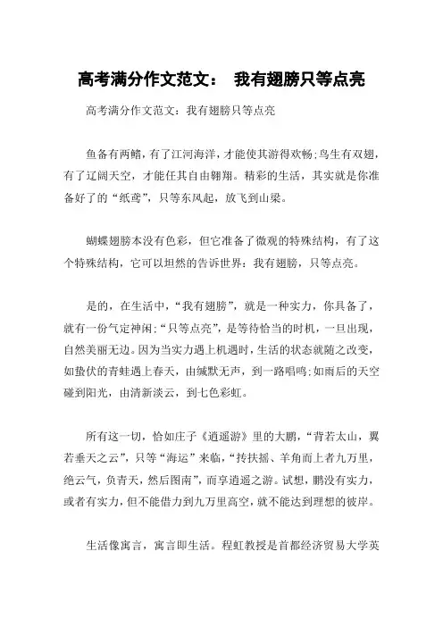 高考满分作文范文： 我有翅膀只等点亮
