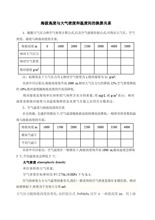 海拔与大气密度和温度间的换算关系